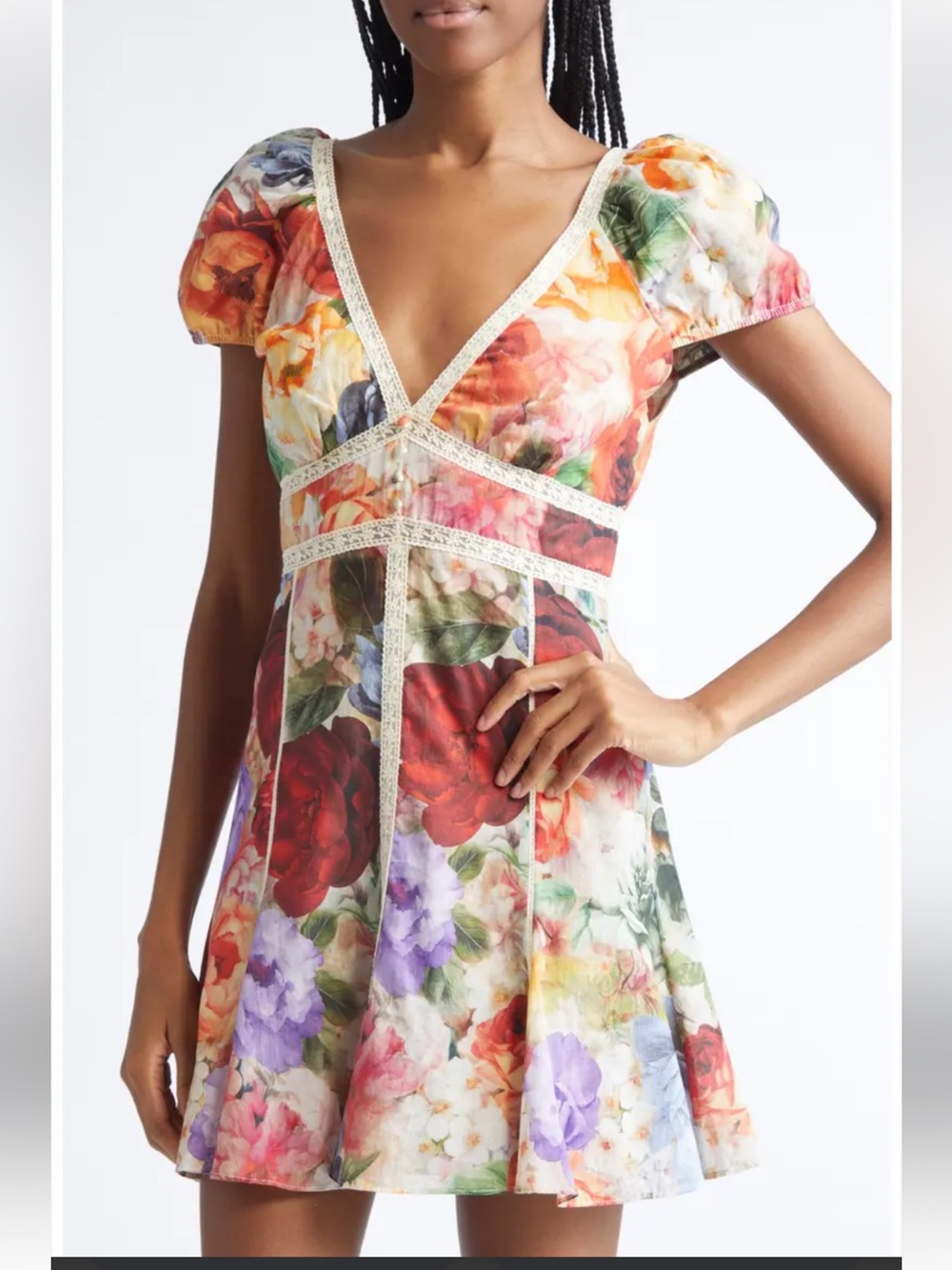 Alice + Olivia Multicolor Floral V-Neck Puff Sleeve Mini Dress
